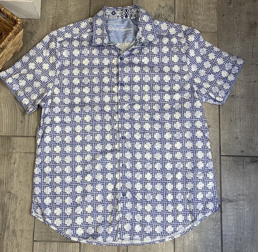 Robert Graham Roalde Shirt Mens XL Purple Geometric Short Sleeve Classic Fit
